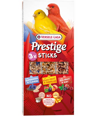 PROPET Versele-Laga Prestige - Snacks Sticks Canaries - Variety
Superseeds & Flowers, Mixed Fruit & Dandelion, Red Fruit & Mint 3 pieces 90gr
(Pack of 10)