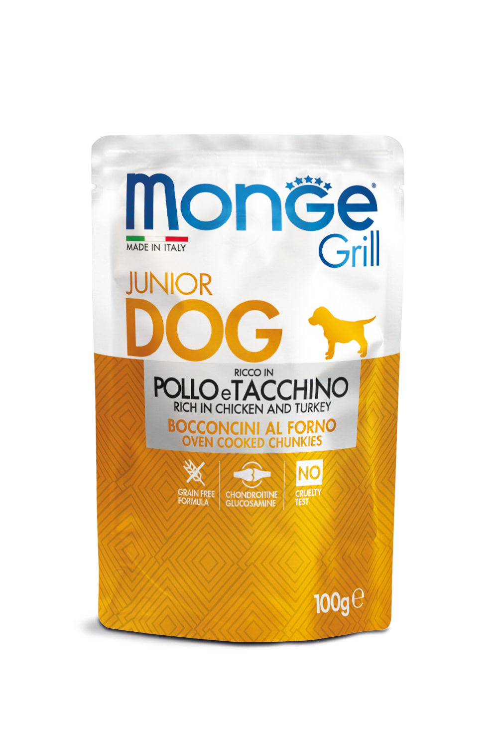 PROPET Monge WET Food For Dogs - Grill - Complete Food Puppy & Junior Chicken & Turkey
(Chunkies) Pouch 100gr
(Box of 24)