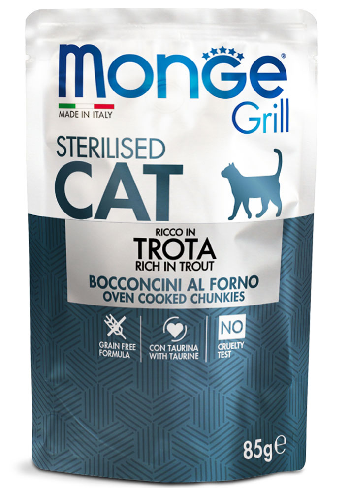 PROPET Monge WET Food For Cats - Grill - Complete Food Sterilised Trout
(Chunkies) Pouch 85gr
(Box of 28)