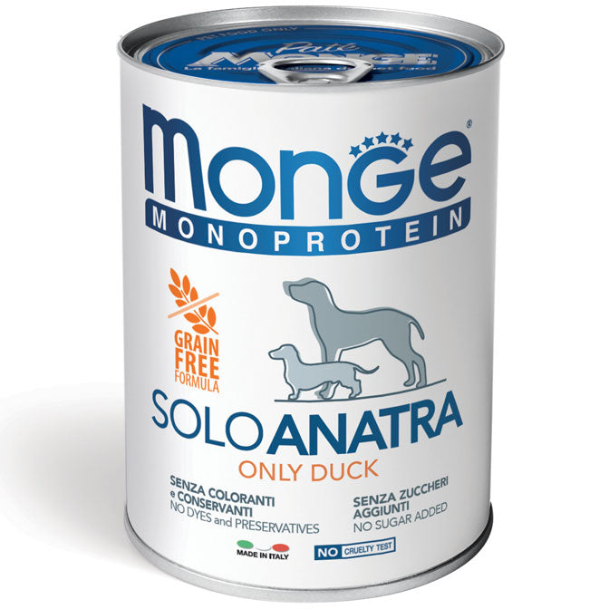 PROPET Monge WET Food For Dogs - Monoprotein - Complete Food Adult Only Duck
(Pâté) Cans 400gr
(Box of 24)