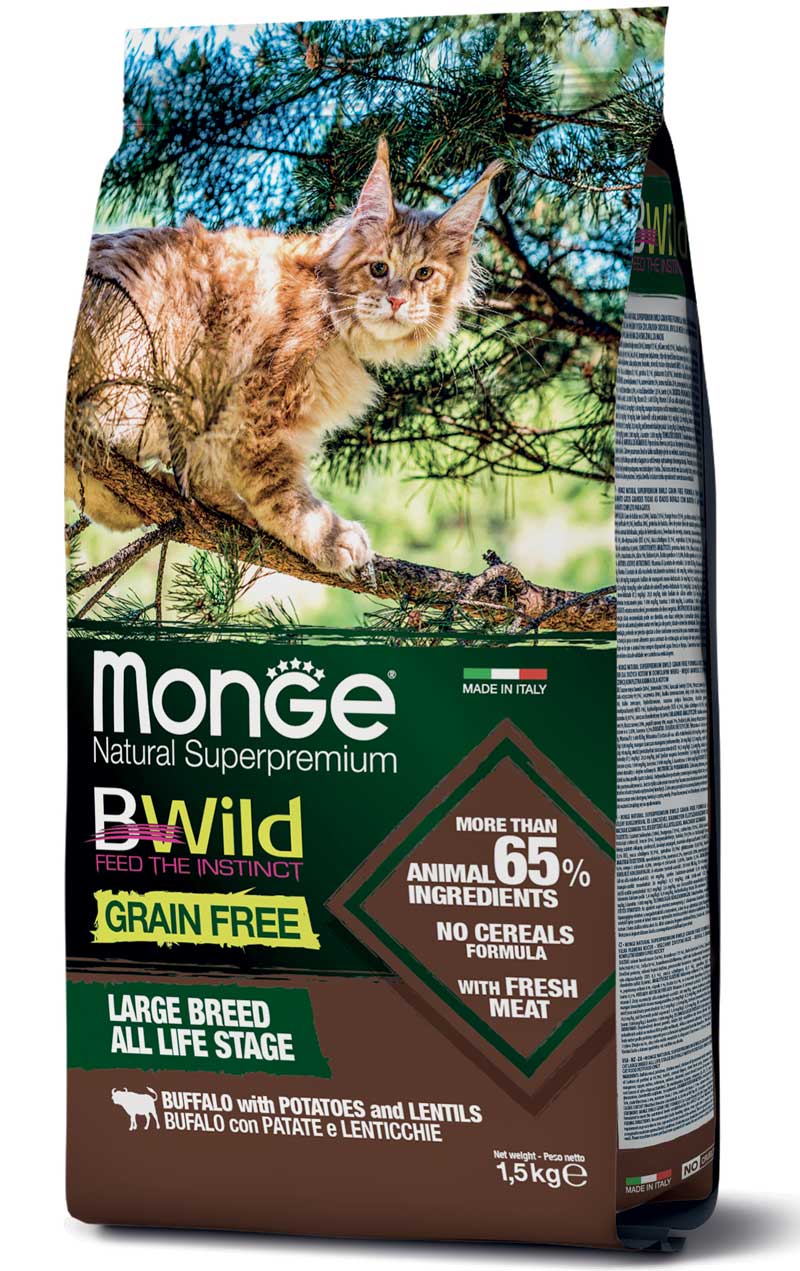 Monge BWild Getreidefrei für alle Lebensphasen für große Katzenrassen mit Büffel, Kartoffeln & Linsen