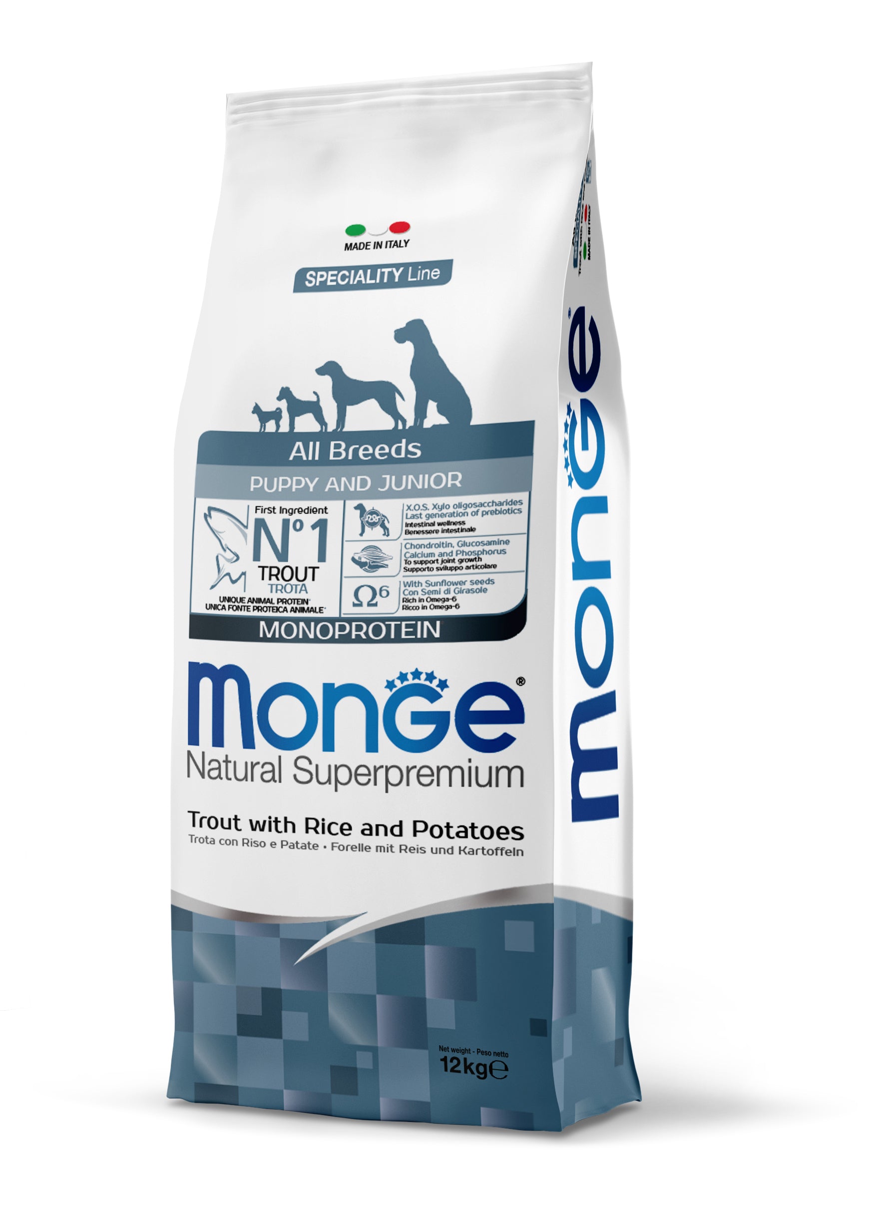 PROPET Monge Natural Superpremium Complete Food for Dogs All Breeds Puppy & Junior Puppy & Junior
All Breeds Trout with Rice & Potatoes
Monoprotein 12Kg