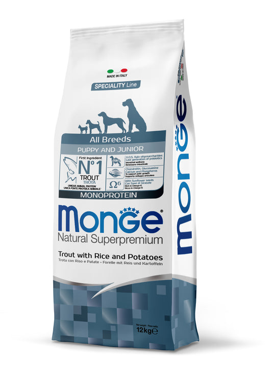 PROPET Monge Natural Superpremium Complete Food for Dogs All Breeds Puppy & Junior Puppy & Junior
All Breeds Trout with Rice & Potatoes
Monoprotein 12Kg