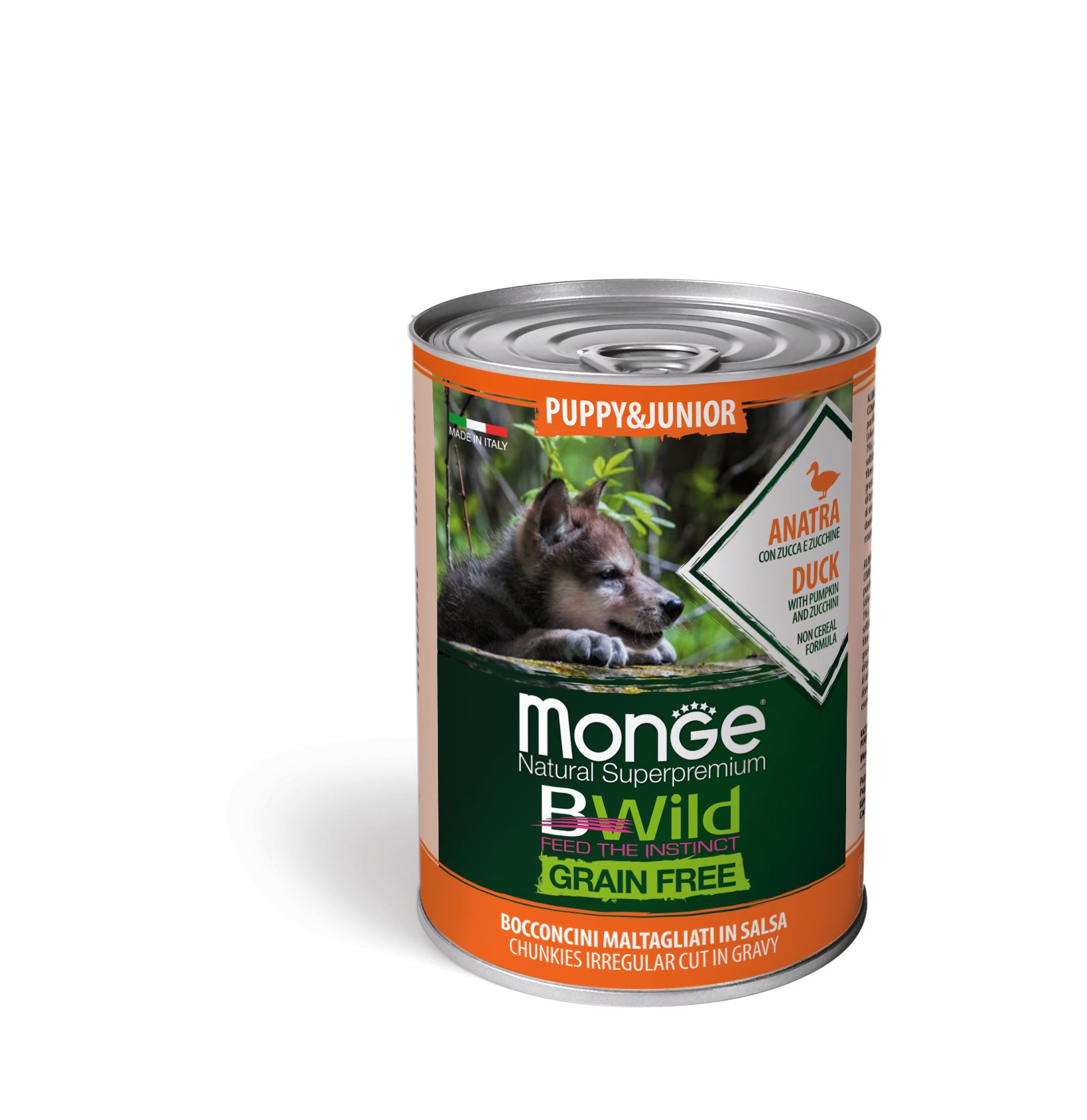 PROPET Monge Bwild Complete Food for Dogs Wet Puppy & Junior Duck
with Pumpkin and Zucchini
(Chunkies) Cans 400gr
(Box of 24)