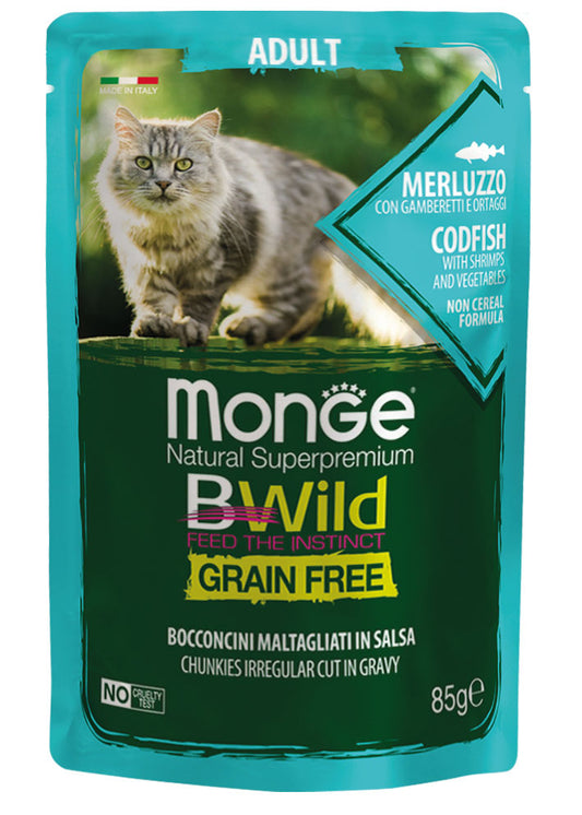 PROPET Monge Bwild Complete Food for Cats Wet Adult Cod Fish with Shrimps & Vegetables
(Chunkies) Pouch 85gr
(Box of 28)