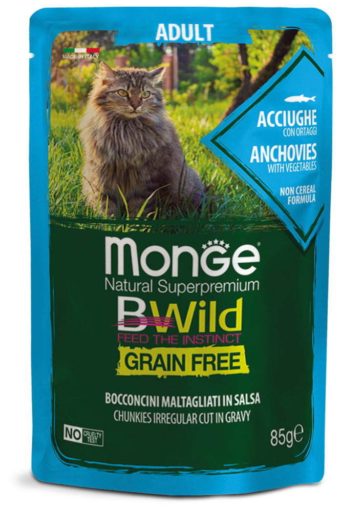 PROPET Monge Bwild Complete Food for Cats Wet Adult Anchovies with Vegetables
(Chunkies) Pouch 85gr
(Box of 28)