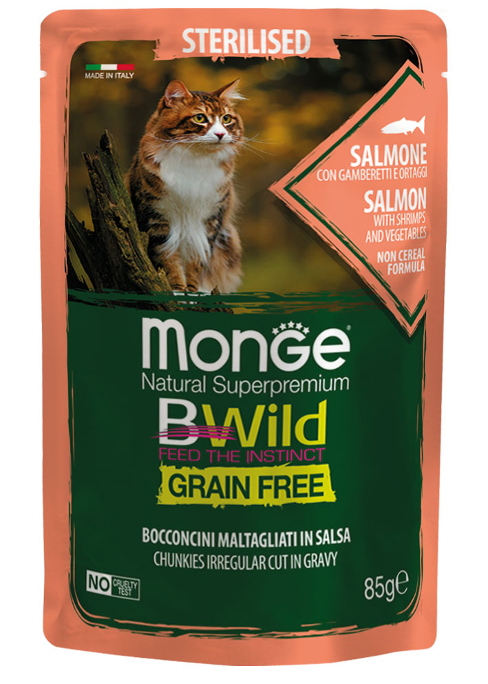 PROPET Monge Bwild Complete Food for Cats Wet Sterilised Salmon with Shrimps & Vegetables
(Chunkies) Pouch 85gr
(Box of 28)