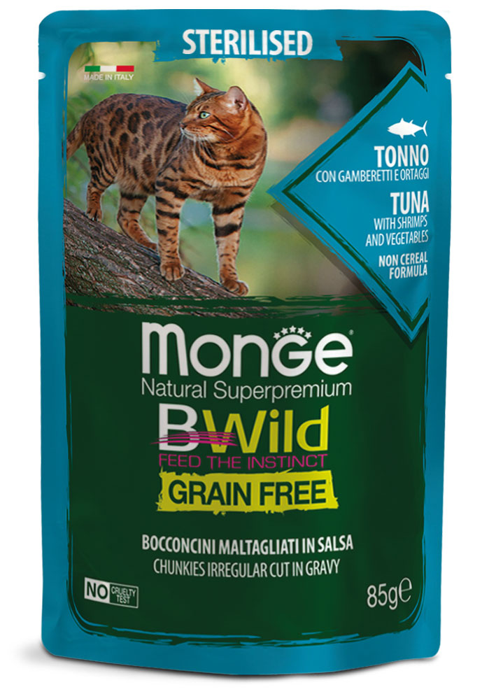 PROPET Monge Bwild Complete Food for Cats Wet Sterilised Tuna with Shrimps & Vegetables
(Chunkies) Pouch 85gr
(Box of 28)