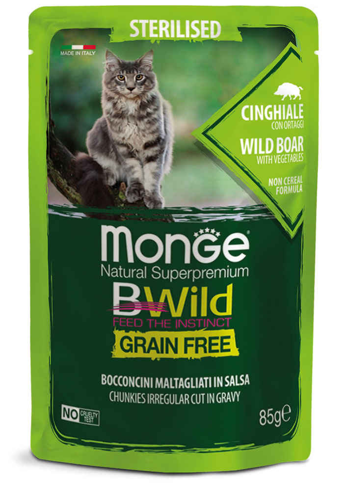 PROPET Monge Bwild Complete Food for Cats Wet Sterilised Wild Boar with Vegetables
(Chunkies) Pouch 85gr
(Box of 28)
