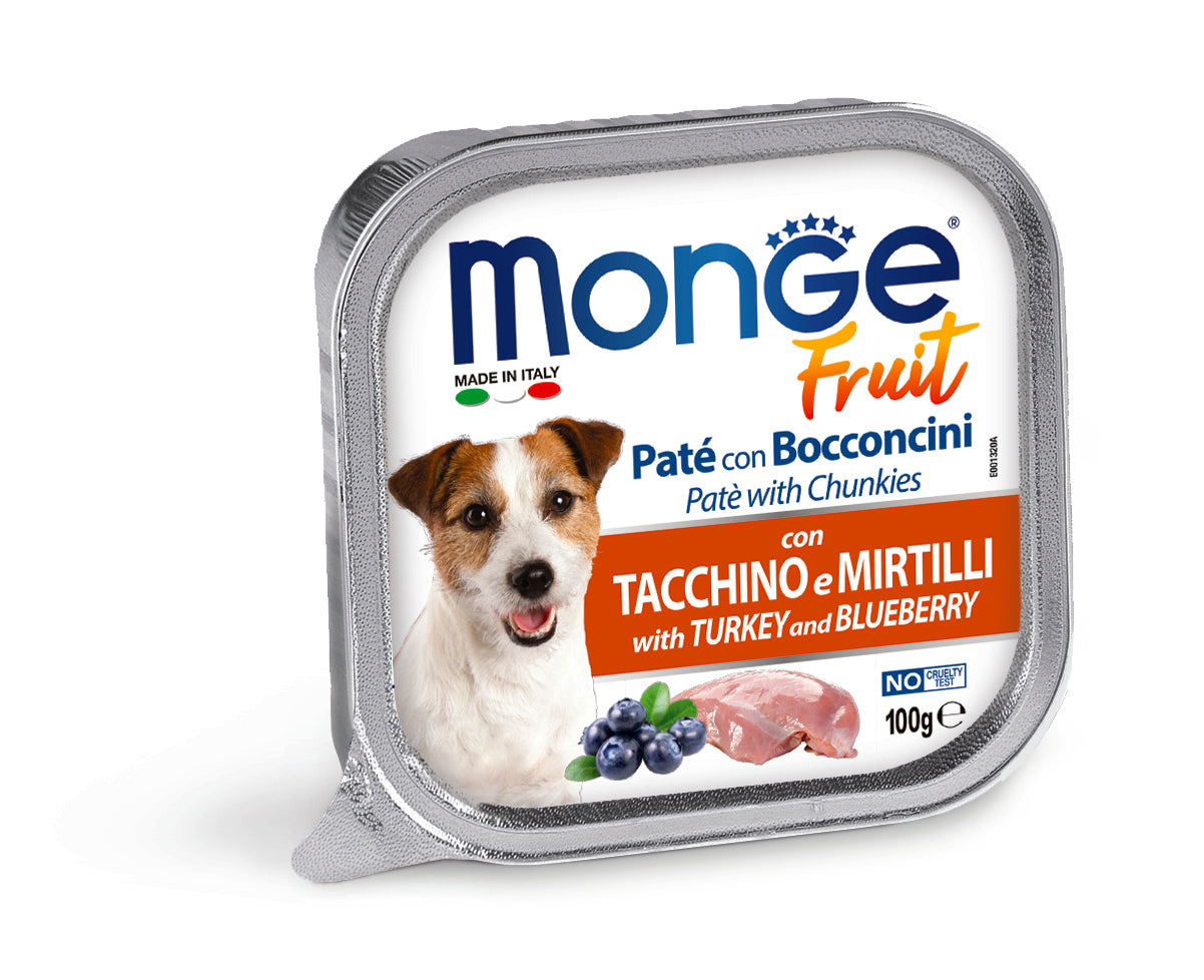 PROPET Monge WET Food For Dogs - Fruit - Complete Adult Turkey and Blueberry
(Pâté & Chunkies) Alutray 100gr
(Box of 32)