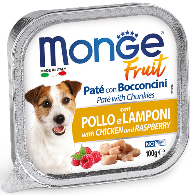 PROPET Monge WET Food For Dogs - Fruit - Complete Adult Chicken and Raspberry
(Pâté & Chunkies) Alutray 100gr
(Box of 32)