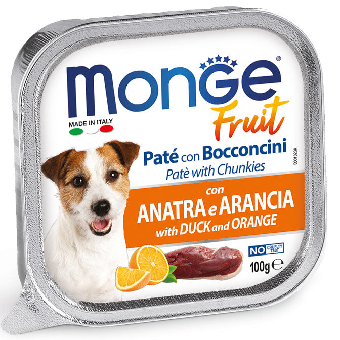 PROPET Monge WET Food For Dogs - Fruit - Complete Adult Duck and Orange
(Pâté & Chunkies) Alutray 100gr
(Box of 32)