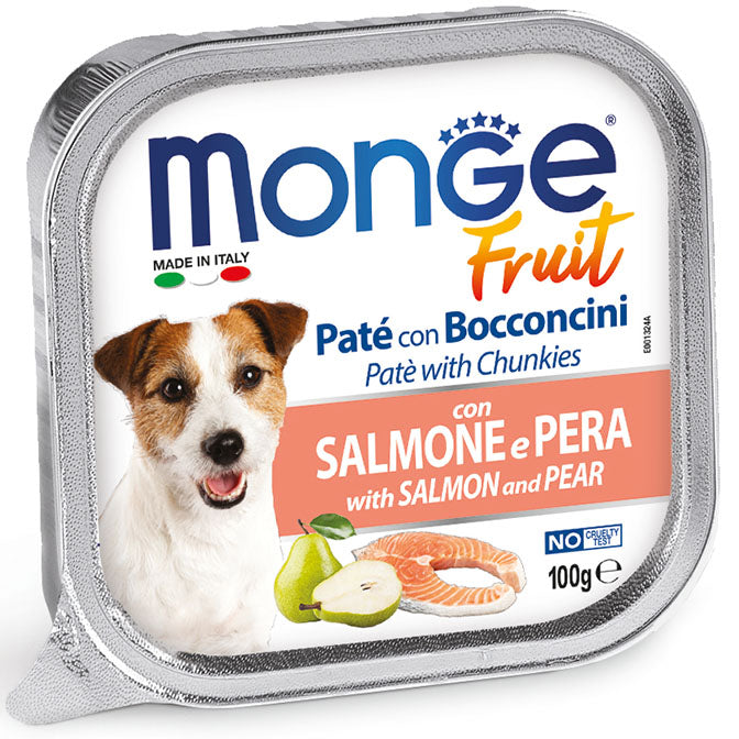 PROPET Monge WET Food For Dogs - Fruit - Complete Adult Salmon and Pear
(Pâté & Chunkies) Alutray 100gr
(Box of 32)