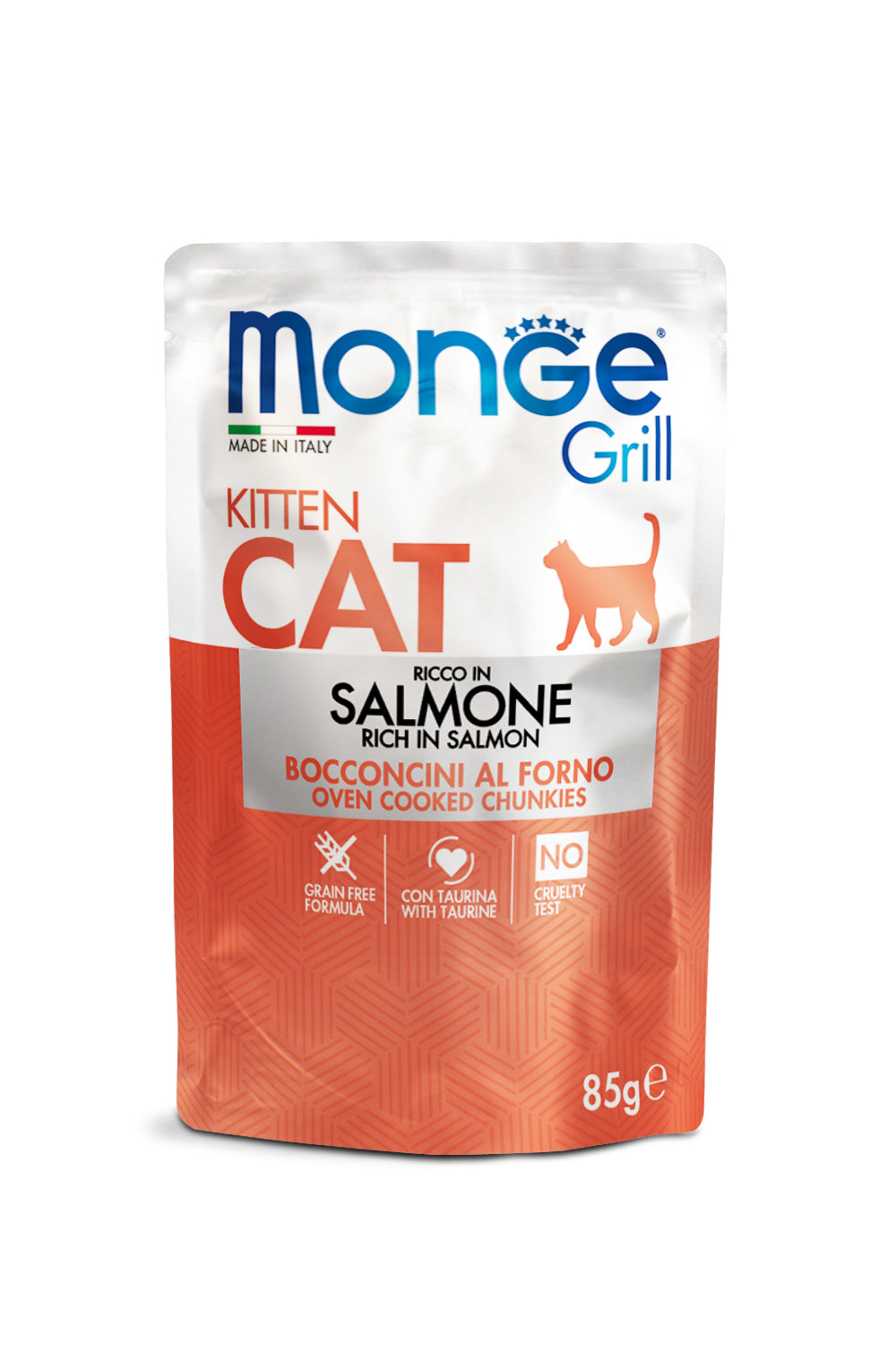 PROPET Monge WET Food For Cats - Grill - Complete Food Kitten Salmon
(Chunkies) Pouch 85gr
(Box of 28)