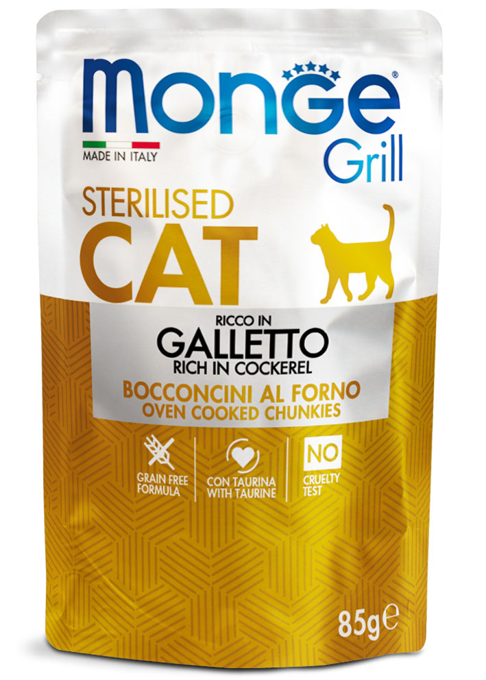 PROPET Monge WET Food For Cats - Grill - Complete Food Sterilised Cockerel
(Chunkies) Pouch 85gr
(Box of 28)