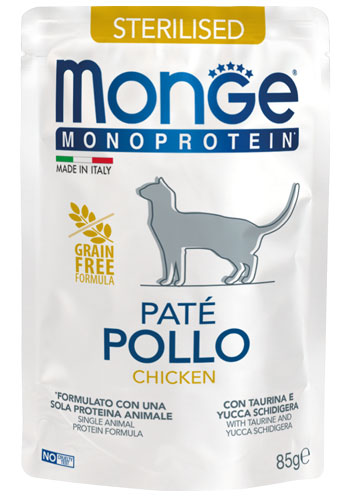 PROPET Monge WET Food For Cats - Monoprotein - Complete Food Sterilised Chicken
(Pâté) Pouch 85gr
(Box of 28)