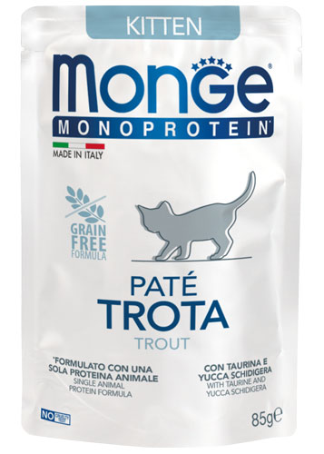 PROPET Monge WET Food For Cats - Monoprotein - Complete Food Kitten Trout
(Pâté) Pouch 85gr
(Box of 28)