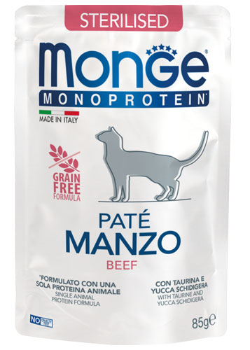 PROPET Monge WET Food For Cats - Monoprotein - Complete Food Sterilised Beef
(Pâté) Pouch 85gr
(Box of 28)