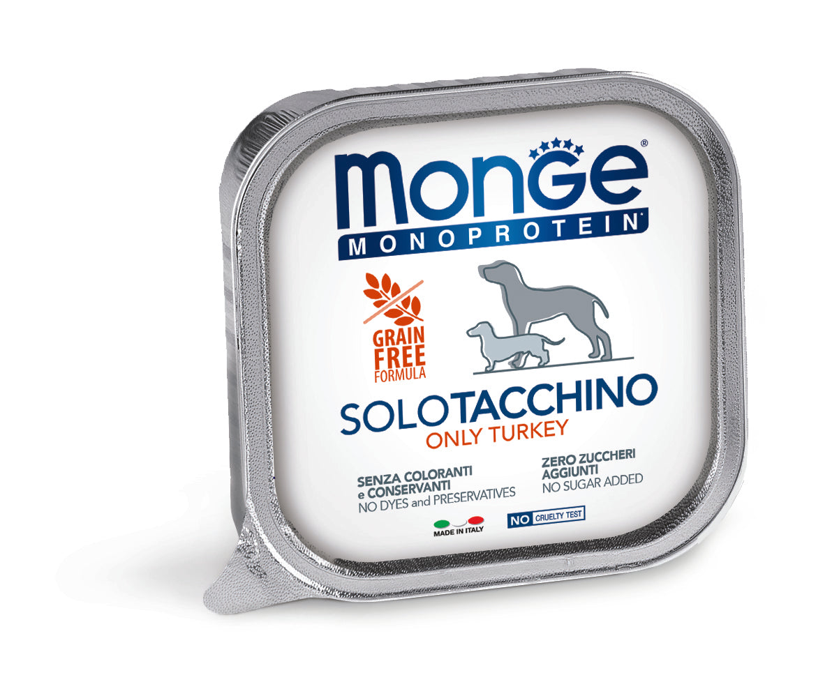 PROPET Monge WET Food For Dogs - Monoprotein - Complete Food Adult Only Turkey
(Pâté) Alutray 150gr
(Box of 24)