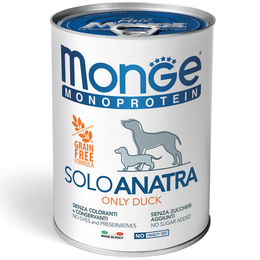 PROPET Monge WET Food For Dogs - Monoprotein - Complete Food Adult Only Duck
(Pâté) Cans 400gr
(Box of 24)