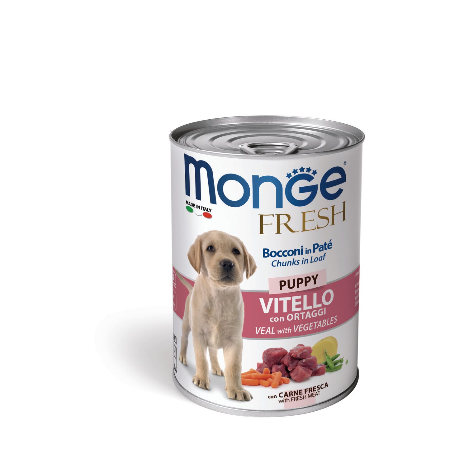 PROPET Monge WET Food For Dogs - Fresh - Complete Food Puppy Veal with Vegetables
(Chunks in Loaf) Cans 400gr
(Box of 24)