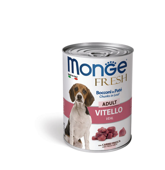 PROPET Monge WET Food For Dogs - Fresh - Complete Food Adult Veal
(Chunks in Loaf) Cans 400gr
(Box of 24)