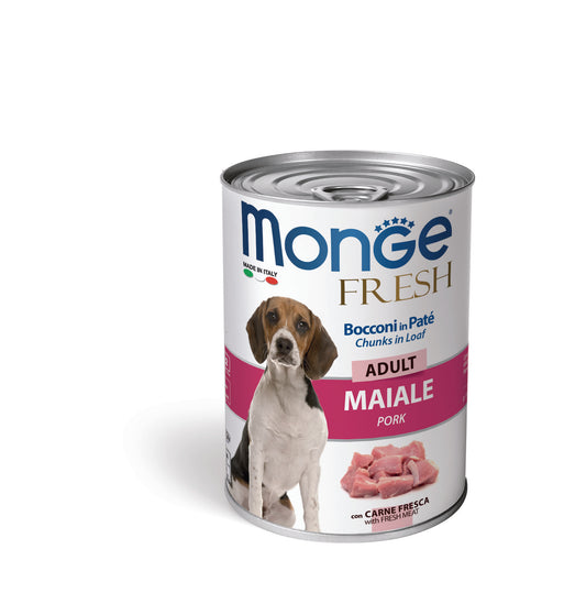 PROPET Monge WET Food For Dogs - Fresh - Complete Food Adult Pork
(Chunks in Loaf) Cans 400gr
(Box of 24)