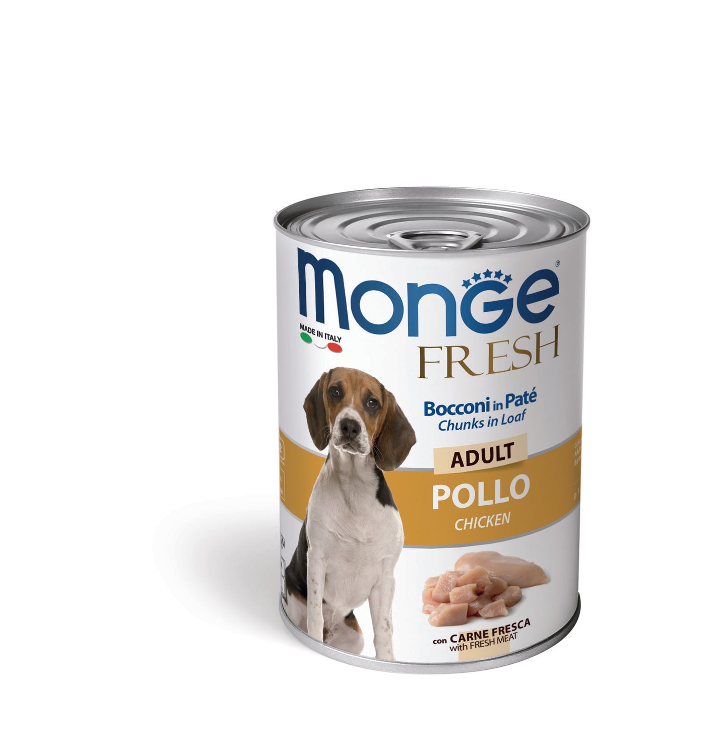 PROPET Monge WET Food For Dogs - Fresh - Complete Food Adult Chicken
(Chunks in Loaf) Cans 400gr
(Box of 24)