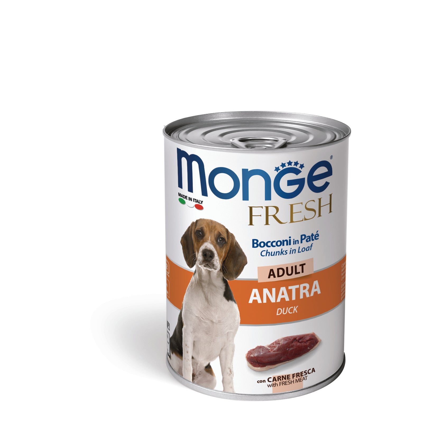 PROPET Monge WET Food For Dogs - Fresh - Complete Food Adult Duck
(Chunks in Loaf) Cans 400gr
(Box of 24)