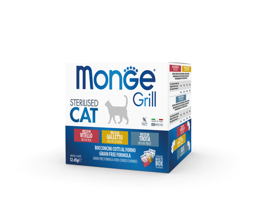 PROPET Monge WET Food For Cats - Grill - Complete Food Sterilised
Multibox -Veal
-Cockerel
-Trout
(Chunkies) Pouch 85gr
(Box of 12)