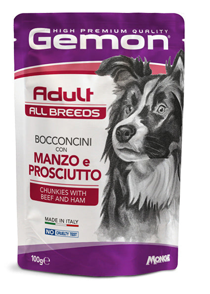 PROPET Gemon Complete Food for Dogs - Wet Pouches - Chunkies Adult
All Breeds Beef & Ham
(Chunkies) Pouch 100gr
(Box of 24)