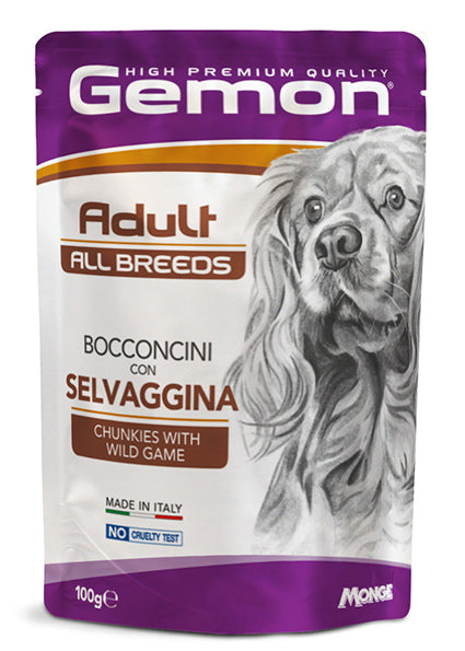 PROPET Gemon Complete Food for Dogs - Wet Pouches - Chunkies Adult
All Breeds Wild Game
(Chunkies) Pouch 100gr
(Box of 24)