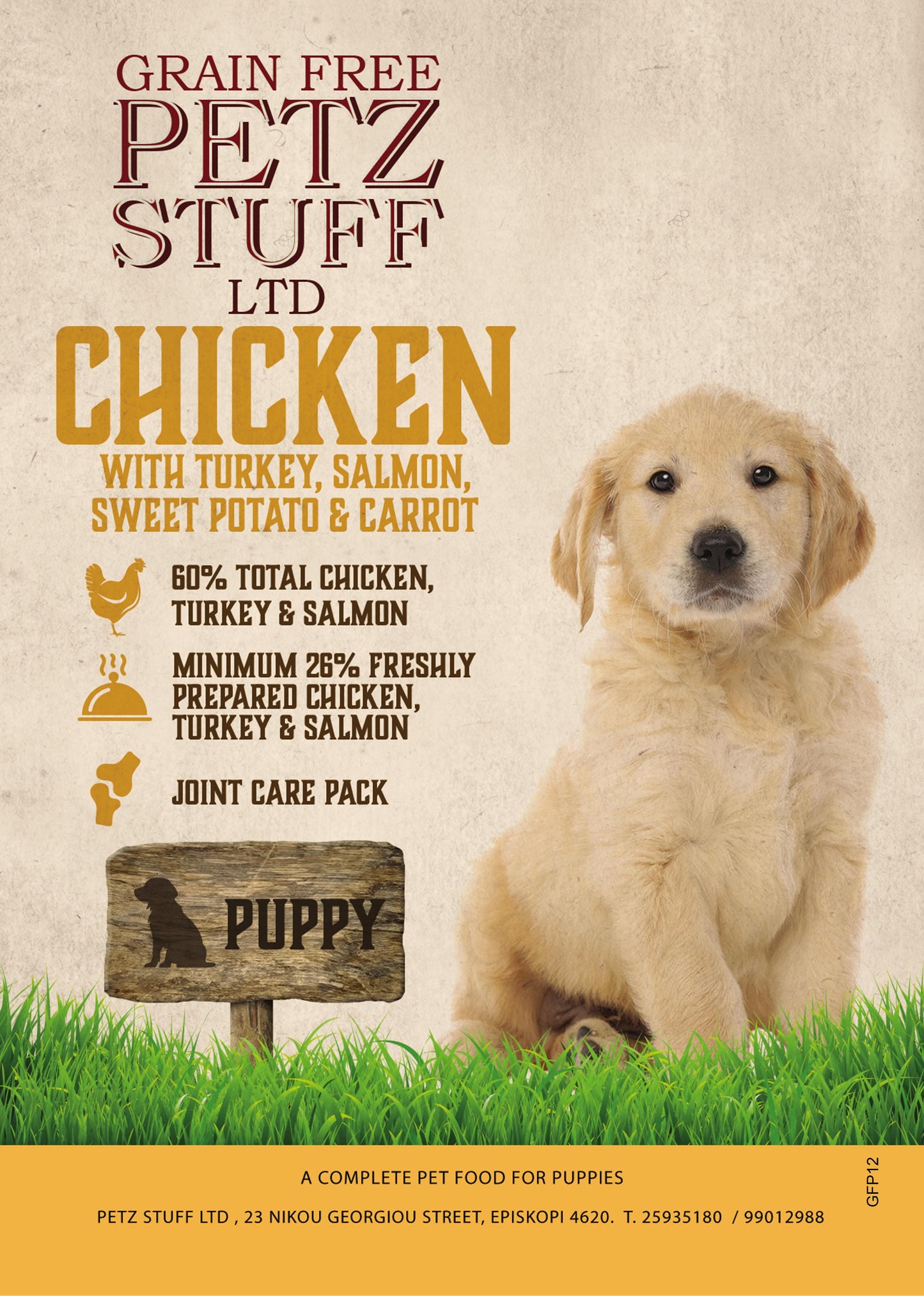 PETZ STUFF 12kg Puppy GF Chicken w Turkey,Salmon,SPot &Carrot GAFoil/NL